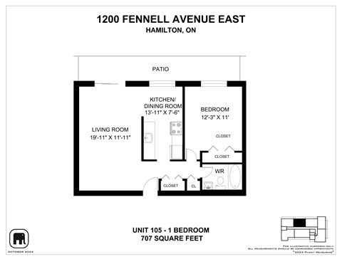 Floor plan for 1 bed, 1 bath, 601 sqft